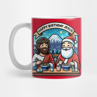 Happy Birthday Jesus Santa Claus Ramen Sushi Matcha Mount Fuji White Christmas Mug